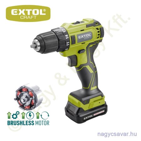 Akkus fúrócsavarozó szénkefementes motor 12V Li-ion 1x2,0Ah + 46 db szerszámkészlet EXTOL Craft