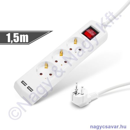 Elosztó 3-as - 3x1,5mm - 1,5m - 2xUSB, kapcsolós